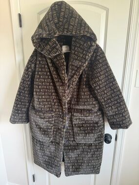 Kith Hooded Hadley Long Coat in Brown and Black Monogram